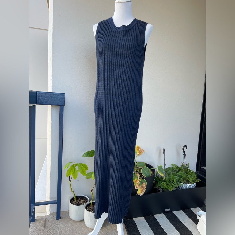 H&M Sleeveless Wool- Blend Ribbed Knit Maxi Column Dress in Navy Blue , US L